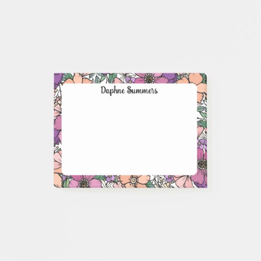 Perzik & Paarse Bloemmotief Naam in Script Post-it® Notes (Voorkant)
