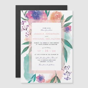 Perzik & Paarse Waterverf Bloeit Bloemen Bloemen H Magnetische Uitnodiging
