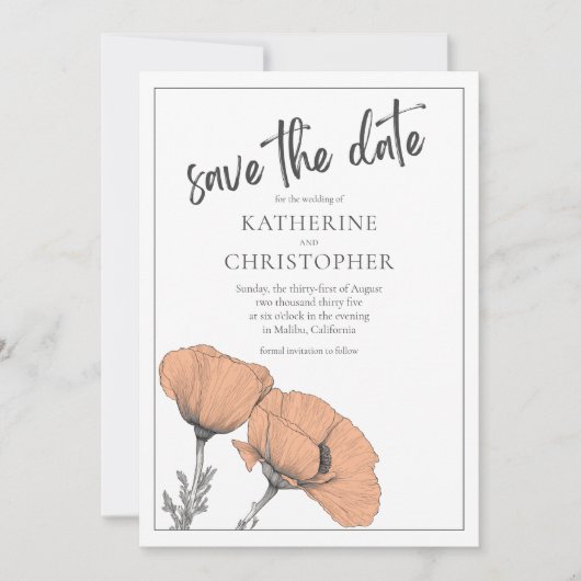 Perzik papavers Elegante bloemenbruiloft QR-code Save The Date (Voorkant)