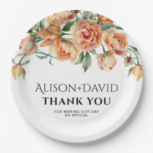 Perzik pioen bloemen en typografie bruiloft papieren bordje