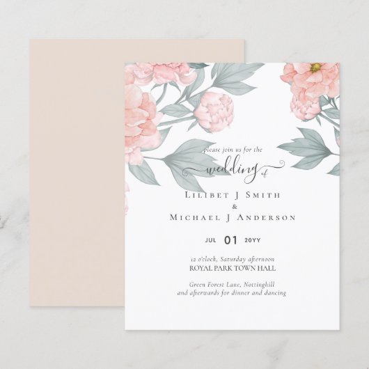 Perzik Pioenrozen Salie Bloem Budget Bruiloft (Voorkant / Achterkant)