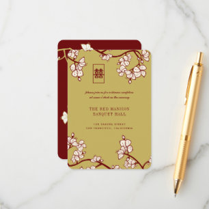 Perzik/pruimenbloesem Rode dubbele geluksontvangst Informatiekaartje