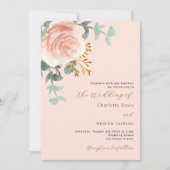 Perzik roos gouden bloemen groen QR RSVP bruiloft Kaart (Voorkant)