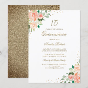 Perzik Roos Gouden Bloemen Quinceanera Invitation Kaart