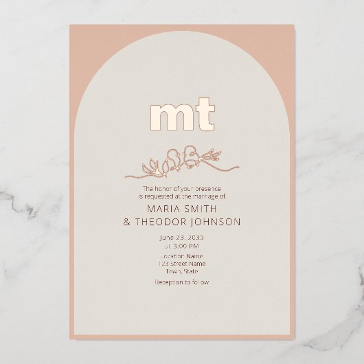 Perzik Roos Gouden Folie Huwelijksuitnodiging + QR Folie Uitnodiging (Voorkant)