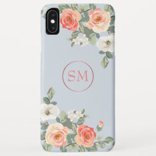 Perzik Roos Stoffig Blauw Bloemen Monogram iPhone XS Max Hoesje