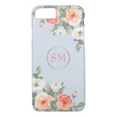 Perzik Roos Stoffig Blauw Bloemen Monogram Case-Mate iPhone Case (Achterkant)