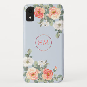Perzik Roos Stoffig Blauw Bloemen Monogram iPhone XR Hoesje
