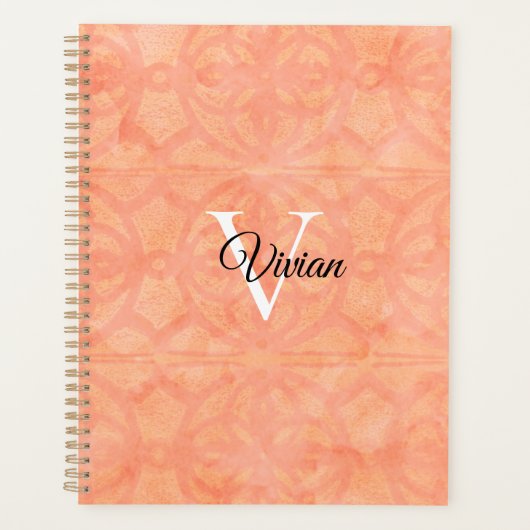 Perzik roze batik Elegant Monogram Naam Planner (Voorkant)