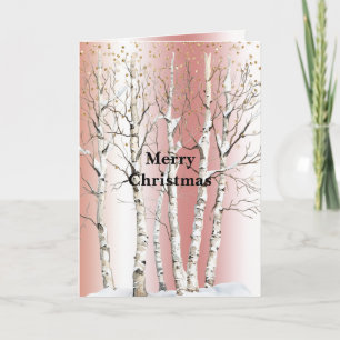 Perzik Roze Berkenbomen Goud Glitter Kerstmis Kaart