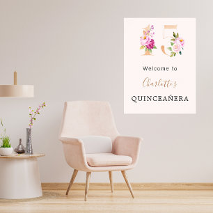Perzik roze bloemen nummer Quinceanera welkom Poster