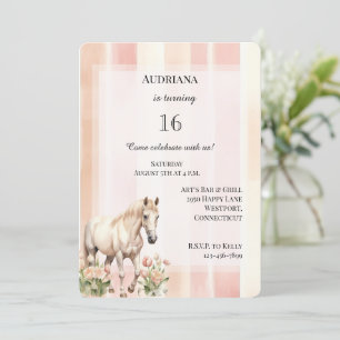 Perzik Roze Cream Stripes Floral Horse Verjaardag Kaart
