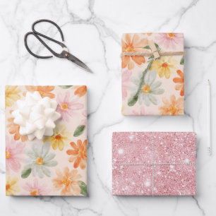 Perzik Roze Geel Blauwe Bloemen Glitter Verjaardag Inpakpapier Vel