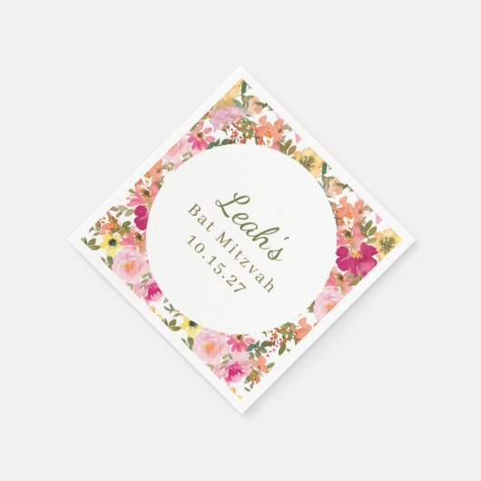 Perzik roze geel bloemenvleermuis mitswa aangepast servet (Hoek)