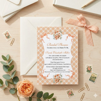 Perzik Roze Gingham Geruite Bruiloftsborrel Kaart