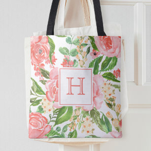 Perzik Roze Roos Bloemige Waterverf Mooie Monogram Draagtas