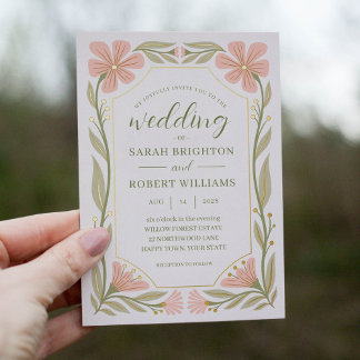 Perzik roze & salie groen Art Nouveau wilde bloem Folie Uitnodiging