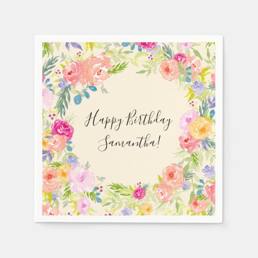  Perzik Roze Waterverf Bloemen Verjaardag Servetten (Voorkant)