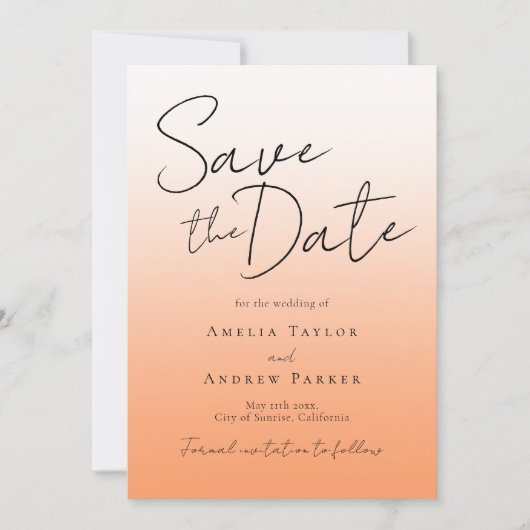Perzik Sinaasappel Fuzz Elegant Script Modern Mini Save The Date (Voorkant)