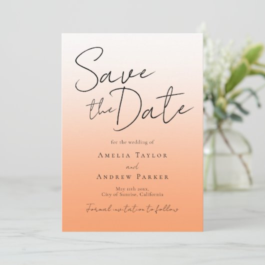 Perzik Sinaasappel Fuzz Elegant Script Modern Mini Save The Date (Staand voorkant)