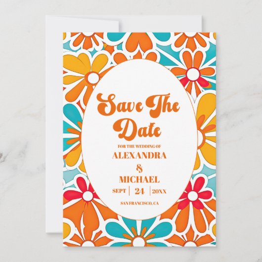 Perzik Sinaasappel Retro Wave Groovy 70s bruiloft Save The Date (Voorkant)
