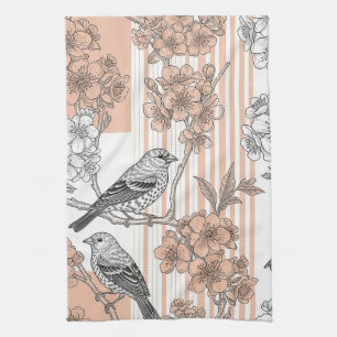 Perzik Streep Bloemrijke Vogel Elegant (1) Theedoek