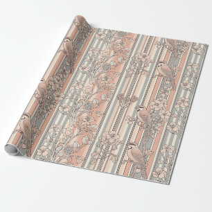 Perzik Streep Bloemrijke Vogel Elegant (2) Cadeaupapier