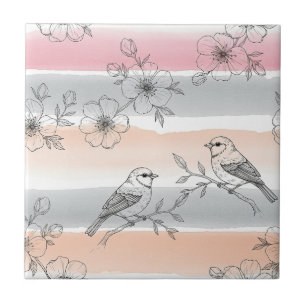 Perzik Streep Bloemrijke Vogel Elegant (6) Tegeltje