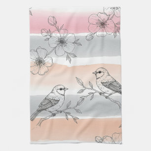 Perzik Streep Bloemrijke Vogel Elegant (6) Theedoek