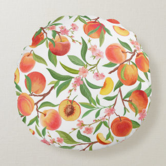 Perzik Tropisch fruit patroon. Rond Kussen