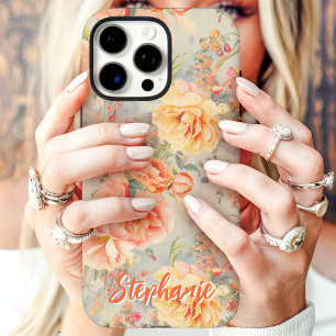 Perzik Vintage Bloem Naam op Maat iPhone 16 Pro Max Hoesje