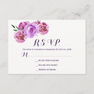 Perzik violette pruim pioenrozen bloemenbruiloft R RSVP Kaartje