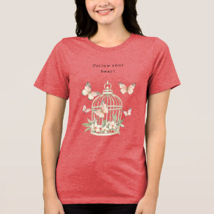 Perzik Vlinders Kooi Bloemstuk Tri-Blend Shirt