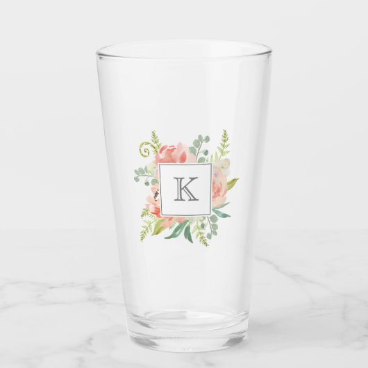 Perzik Waterverf Bloemen met uw Monogram Glas (Voorkant)
