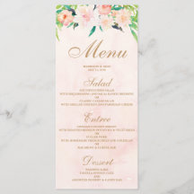 Perzik Waterverf & Bloemen Wedding Menu Kaart