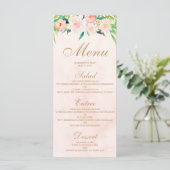 Perzik Waterverf & Bloemen Wedding Menu Kaart (Staand voorkant)