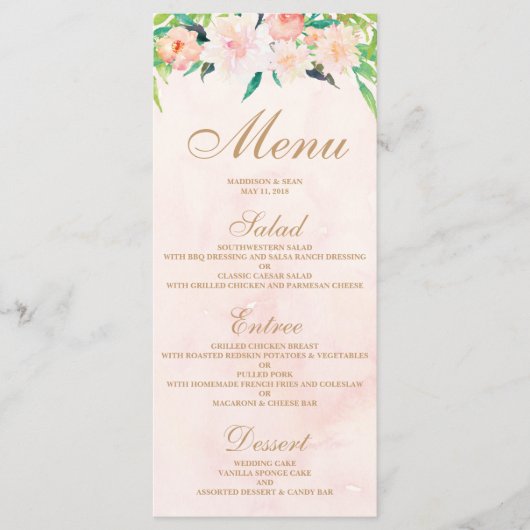 Perzik Waterverf & Bloemen Wedding Menu Kaart (Voorkant)
