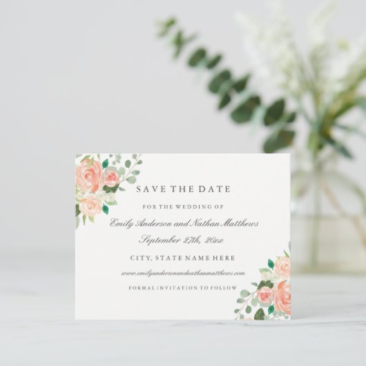 Perzik Waterverf bloemenbruiloft Save The Date (Staand voorkant)