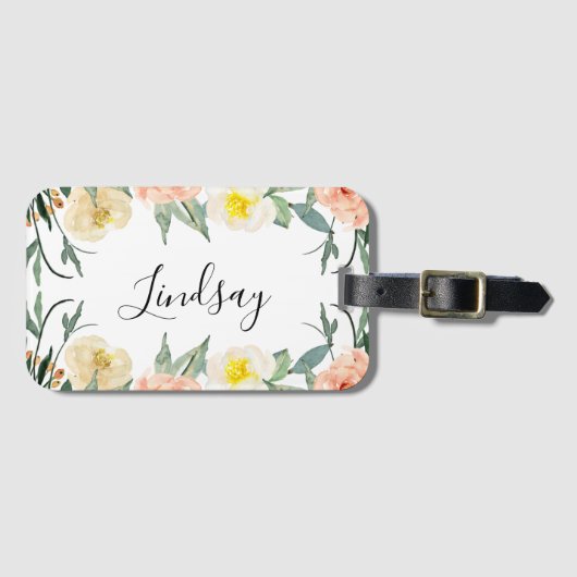 Perzik Waterverf Floral Monogrammen Bagagelabel (Voorkant (horizontaal))