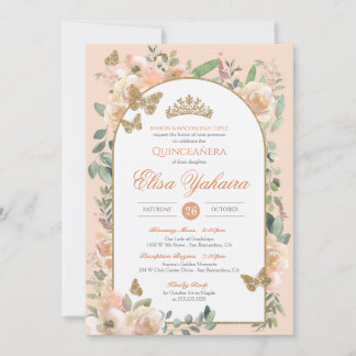 Perzik Waterverf Golden Butterfly Quinceanera Kaart