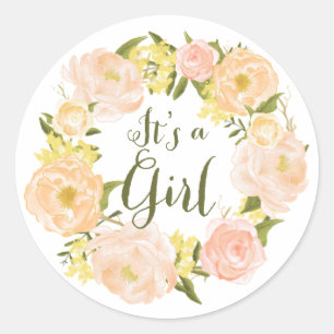 Perzik-waterverf-pioenencrans babyshowers ronde sticker