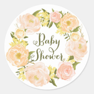 Perzik Waterverf Pioenenkrans Baby shower Ronde Sticker