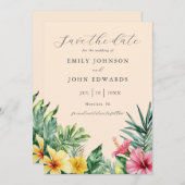 Perzik Waterverf Tropische Bloemen Groene bruiloft Save The Date (Voorkant / Achterkant)