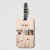 Perzik wilde bloemen foto collage monogram bagagelabel (Voorkant (verticaal))