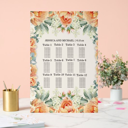 Perzik Wit Bloemen Greenery Trouwstoel Grafiek Acryl Bord (Huwelijk)