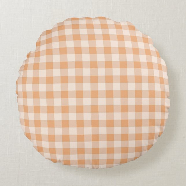 Perzik wit geruit gingham patroon rond kussen (Voorkant)