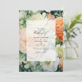 Perzik, witte en groene bloemenbruiloft kaart (Staand voorkant)