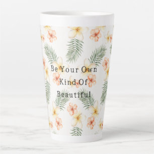 Perzik Witte Hibiscus Bloemen Groene Bladeren Latte Mok