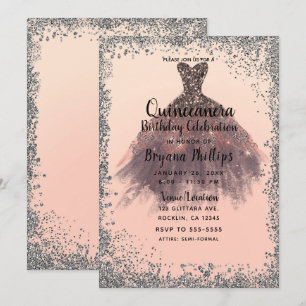Perzik & Zilver Glitter Feestjurk Quinceañera 15 Kaart