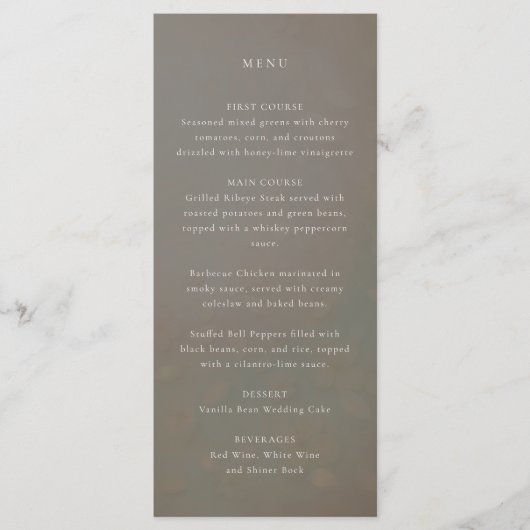 Perzikbloemblaadjes taupe bruin bruiloft menu (Voorkant)